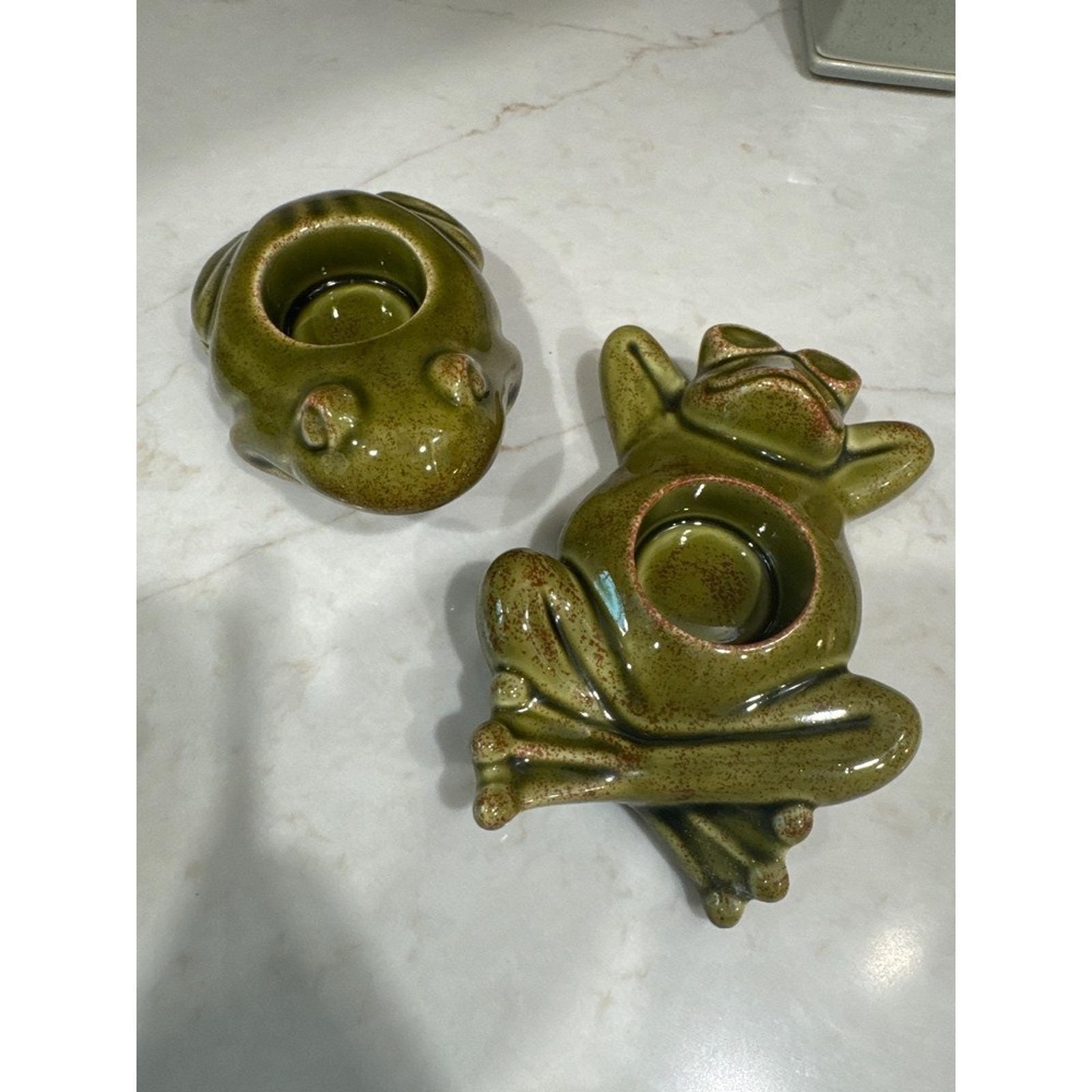Party Lite Ceramic Frogs Tea Lite  Candle‎ Holder Set Green Vintage - Picture 1 of 10